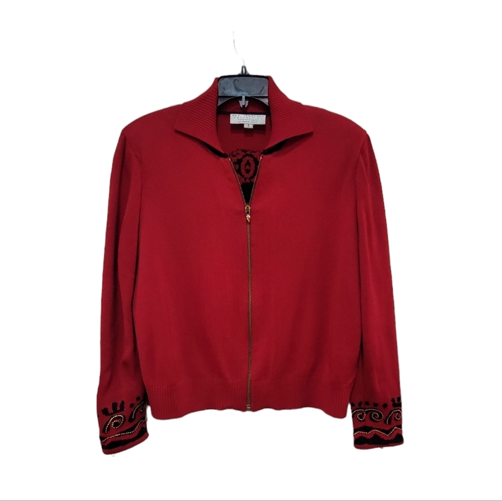 St. John DEEP RED JACKET WITH AZTEC DESIGN ON BACK/SLEEVE CUFFS Size Small